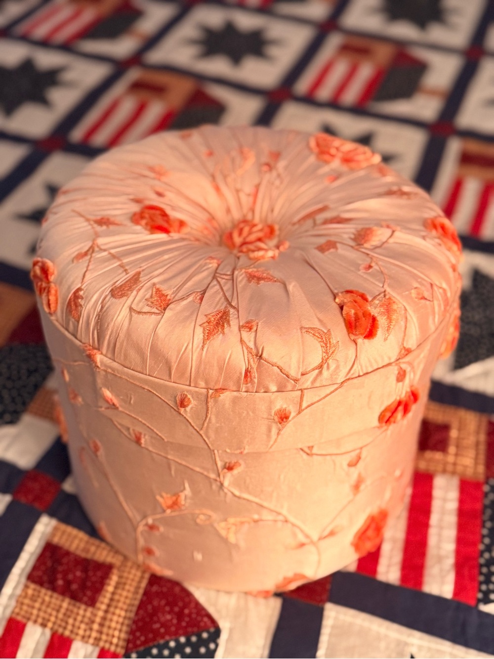 Nonnie Waller’s Peach Blossom Silk & Velvet Cushioned Hat Notion Box